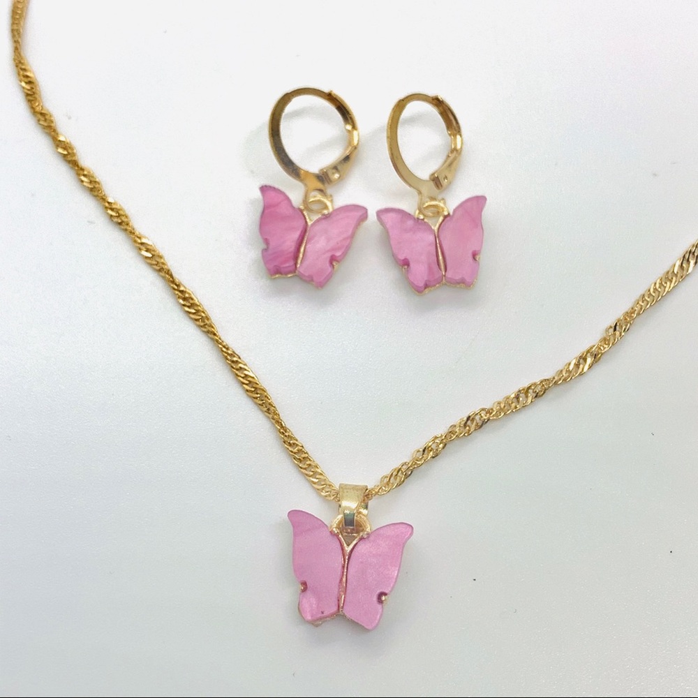 Pink Butterfly Earrings and Necklace set
